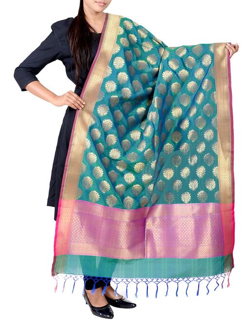 turquoise colored banarasi dupatta - 13423302 - Very Small Image - 1