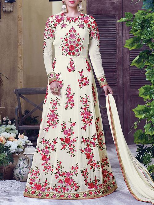 white georgette embroiered dress material - 13423490 - Very Small Image - 1