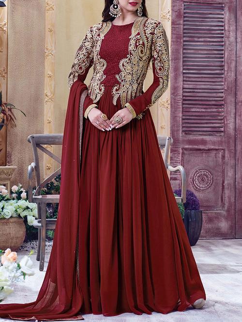 maroon georgette embroidered dress material - 13423491 - Very Small Image - 1