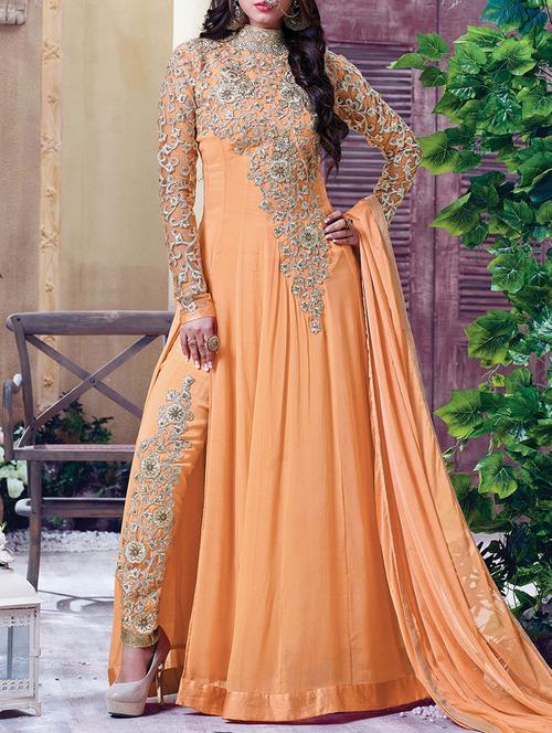 orange georgette embroidered dress material - 13423492 - Very Small Image - 1