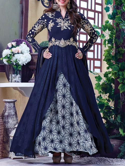 blue georgette embroidered dress material - 13423493 - Very Small Image - 1