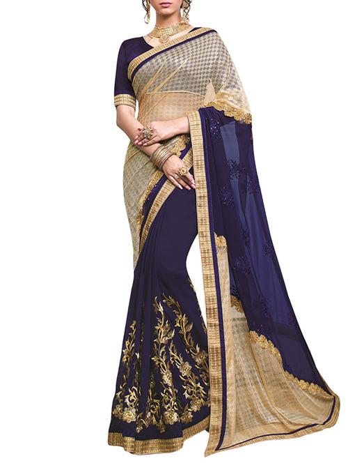 blue and beige embroidered saree with blouse - 13424832 - Very Small Image - 1