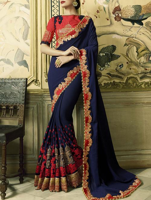 blue georgette embroidered saree with blouse - 13430636 - Very Small Image - 1
