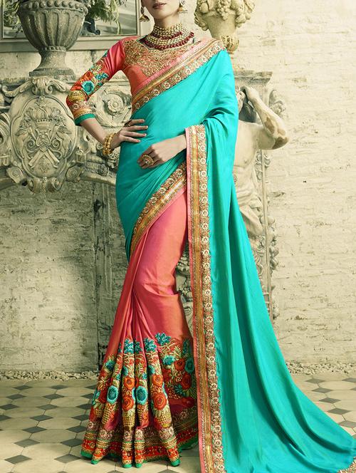 turquoise & pink silk half & half saree with blouse - 13430643 - Very Small Image - 1