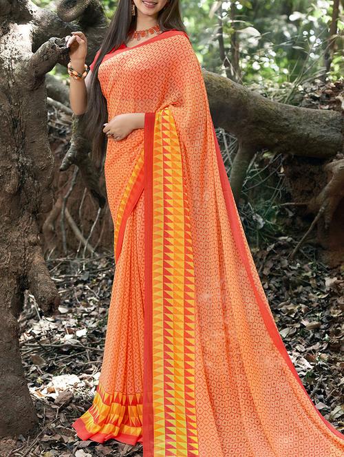 orange georgette printed saree with blouse - 13430649 - Very Small Image - 1