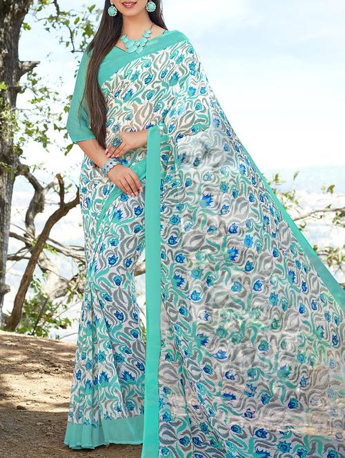 blue georgette printed saree with blouse - 13430652 - Very Small Image - 1