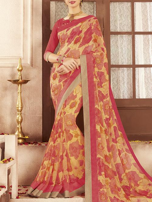 yellow georgette printed saree with blouse - 13430695 - Very Small Image - 1