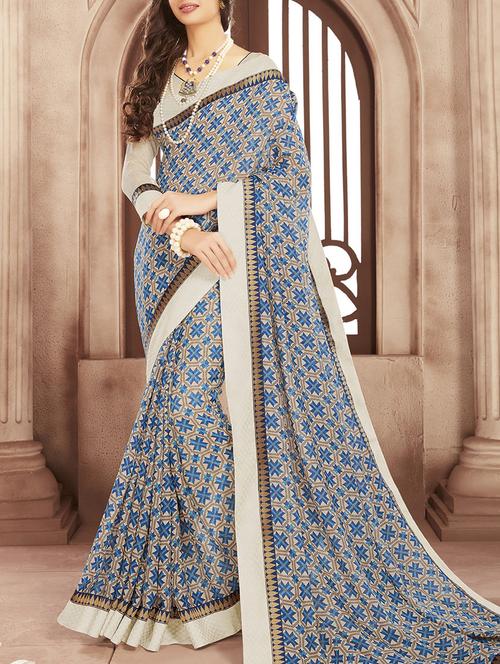 beige georgette printed saree with blouse - 13430704 - Very Small Image - 1