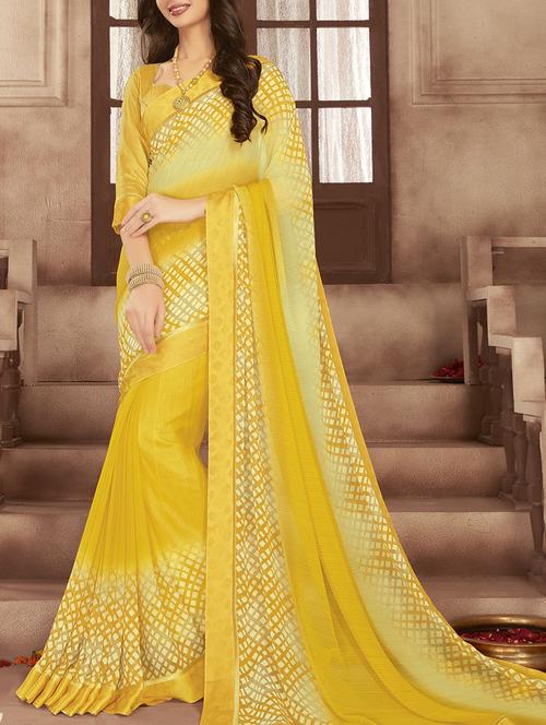 yellow georgette printed saree with blouse - 13430712 - Very Small Image - 1
