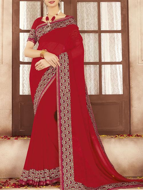 red georgette bordered saree with blouse - 13430717 - Very Small Image - 1