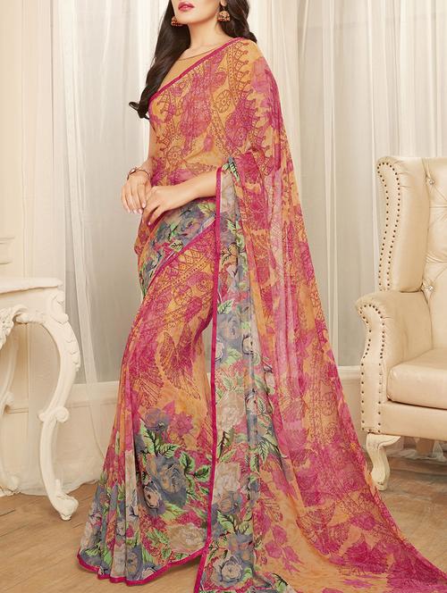 pink georgette printed saree with blouse - 13430734 - Very Small Image - 1