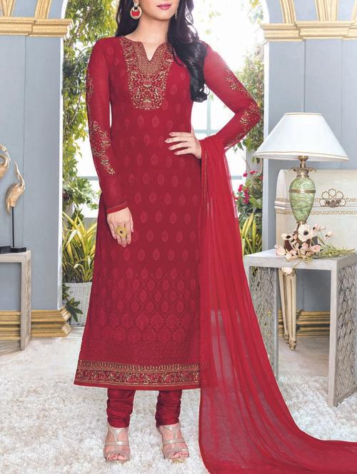 red santoon embroidered dress material - 13430767 - Very Small Image - 1