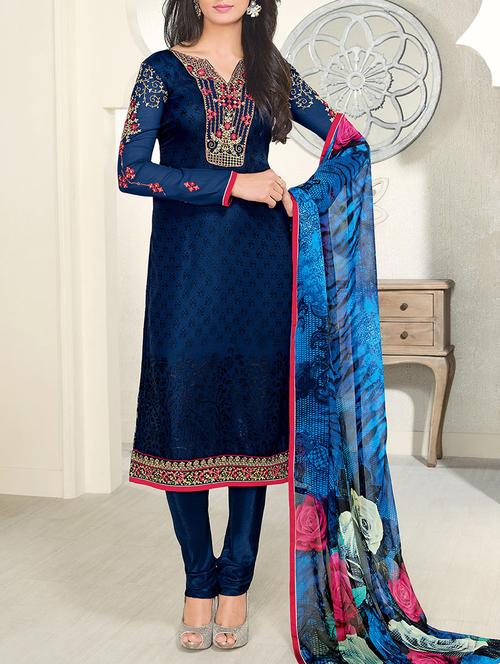 blue santoon embroidered dress material - 13430776 - Very Small Image - 1
