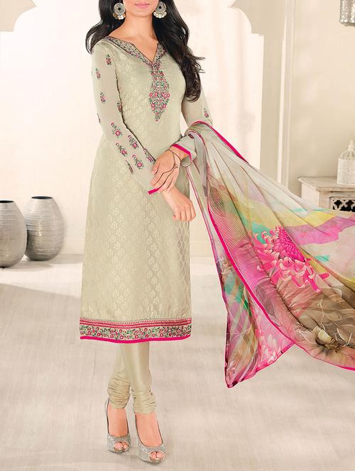 beige santoon embroidered dress material - 13430783 - Very Small Image - 1