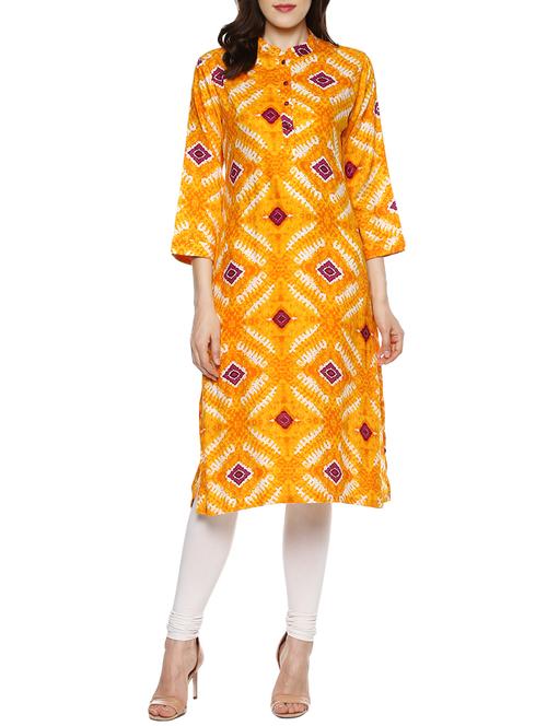 yellow rayon printed straight kurta - 13431135 - Very Small Image - 1