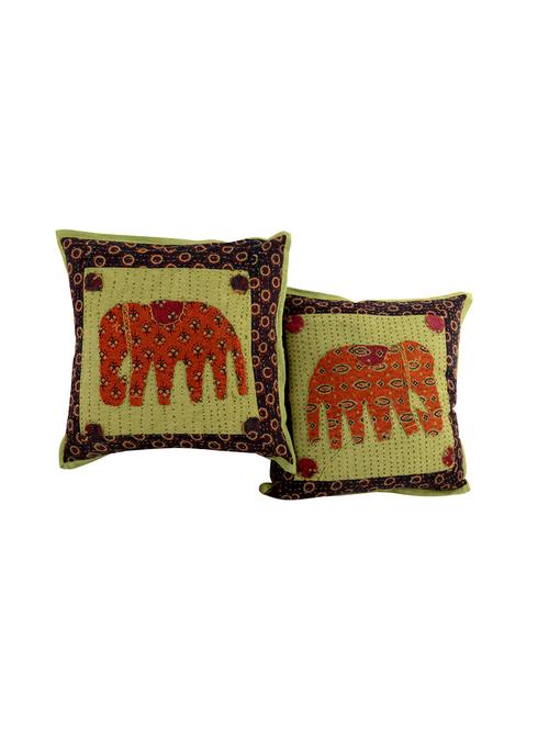 rajrang patch work set of 2 pcs. cotton elephant cushion cover - 13435012 - Very Small Image - 1