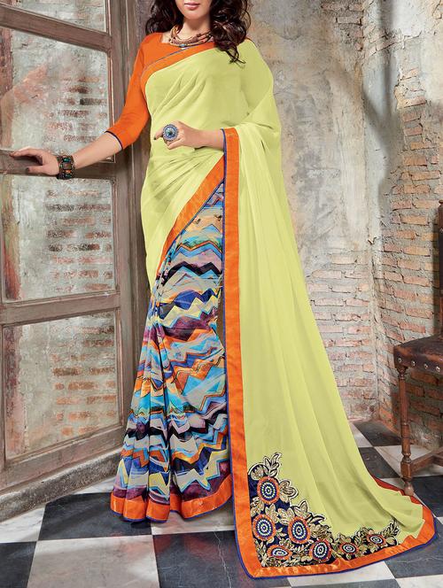 yellow georgette embroidered half and half saree with blouse - 13437609 - Very Small Image - 1