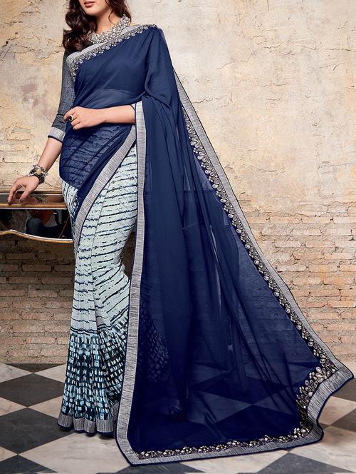 blue & white georgette embroidered half and half saree with blouse - 13437617 - Very Small Image - 1