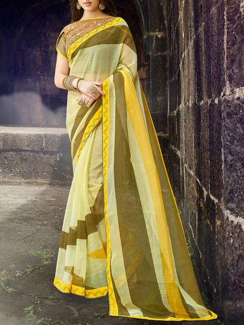 yellow cotton blend printed saree - 13437628 - Very Small Image - 1