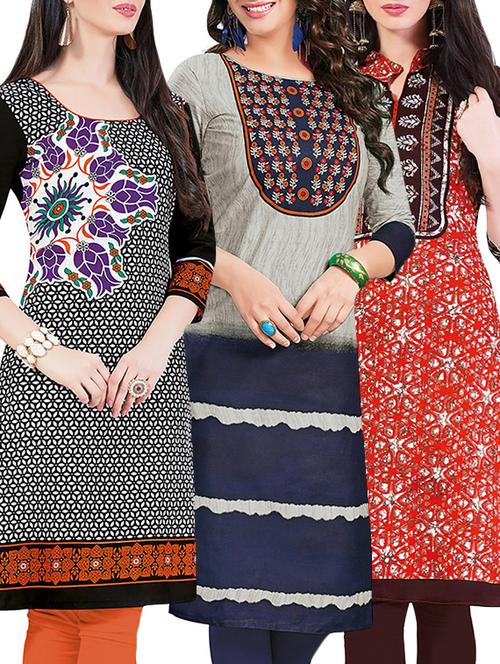 set of 3 multi colored cotton unstitched kurta - 13442140 - Very Small Image - 1