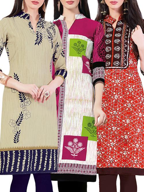set of 3 multi colored cotton unstitched kurta - 13442143 - Very Small Image - 1