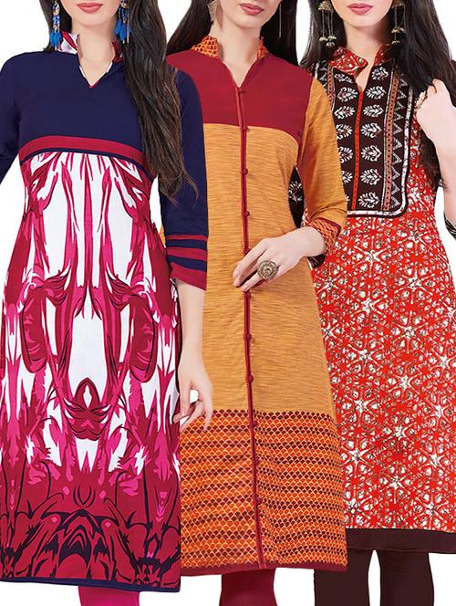 combos (set of 3) multi colored cotton unstitched kurta - 13442151 - Very Small Image - 1