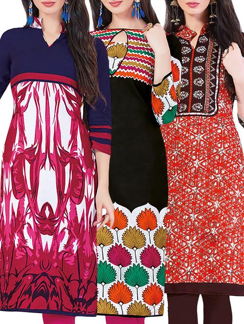 set of 3 multi colored cotton unstitched kurta - 13442154 - Very Small Image - 1