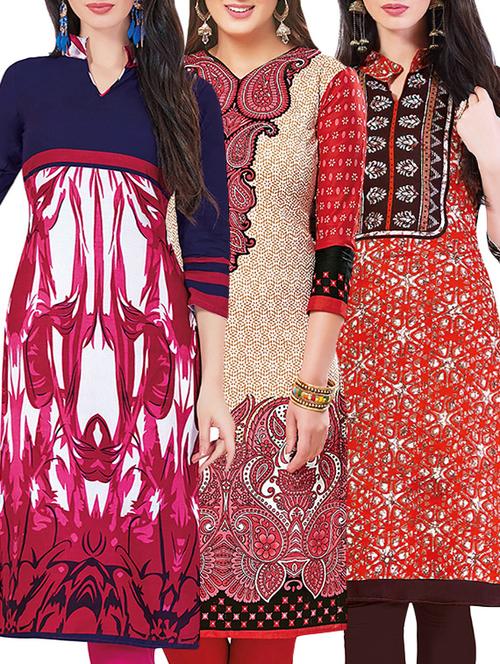 combos (set of 3 ) multi colored cotton unstitched kurta - 13442157 - Very Small Image - 1