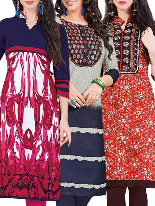 set of 3 multi colored cotton unstitched kurta - 13442159 - Very Small Image - 1