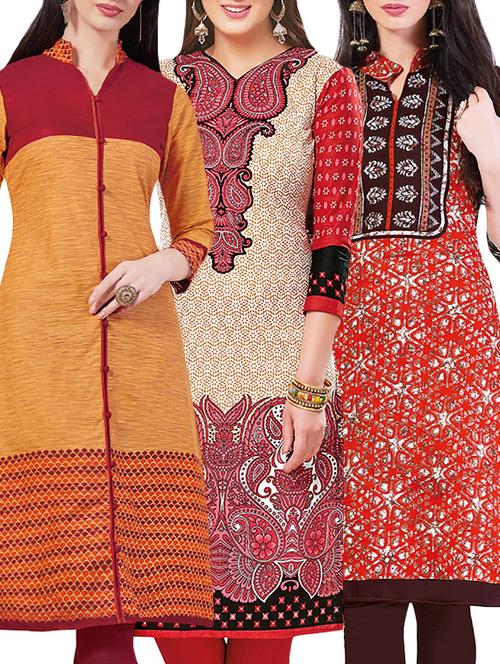 set of 3 multi colored cotton unstitched kurta - 13442165 - Very Small Image - 1
