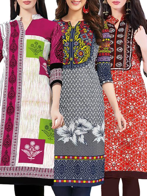 set of 3 multi colored cotton unstitched kurta - 13442170 - Very Small Image - 1