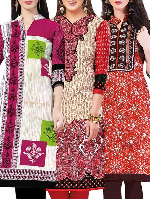set of 3 multi colored cotton unstitched kurta - 13442172 - Very Small Image - 1
