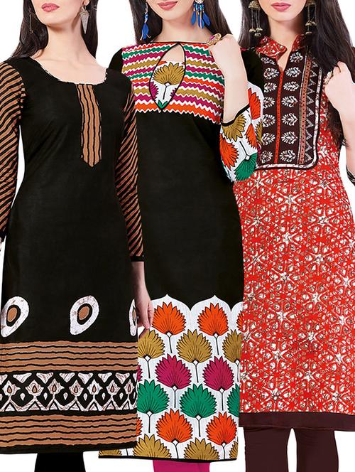 set of 3 multi colored cotton unstitched kurta - 13442175 - Very Small Image - 1