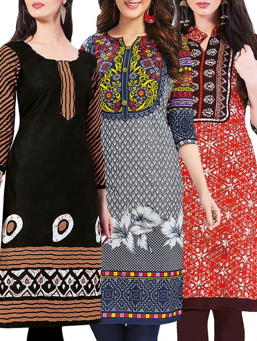 set of 3 multi colored cotton unstitched kurta - 13442176 - Very Small Image - 1