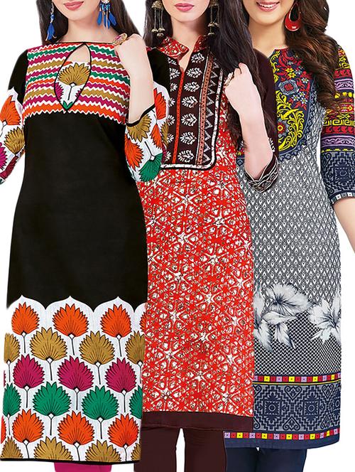set of 3 multi colored cotton unstitched kurta - 13442181 - Very Small Image - 1