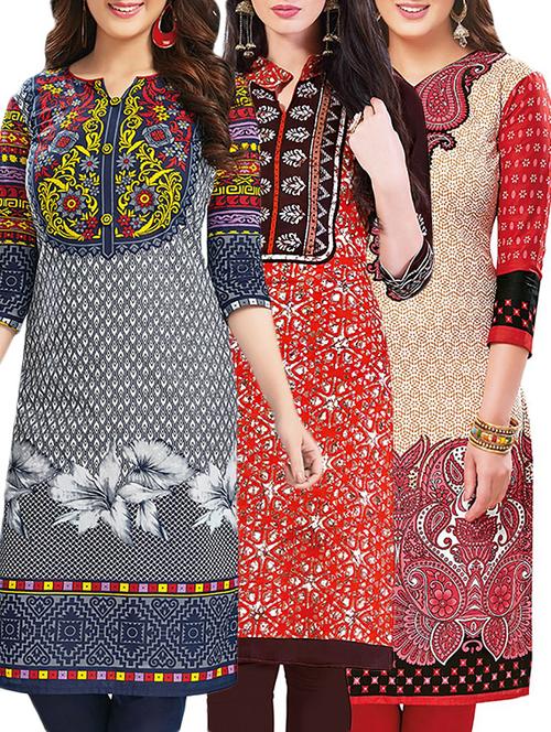 set of 3 multi colored cotton unstitched kurta - 13442187 - Very Small Image - 1