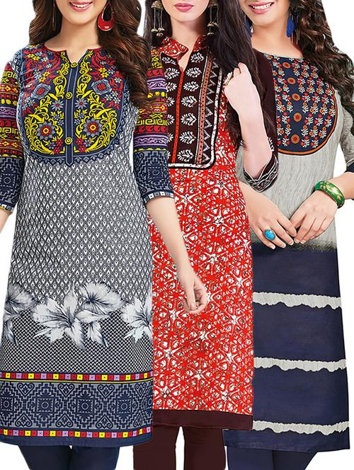 set of 3 multi colored cotton unstitched kurta - 13442189 - Very Small Image - 1