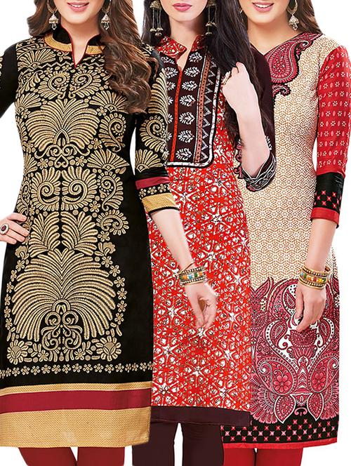 set of 3 multi colored cotton unstitched kurta - 13442190 - Very Small Image - 1