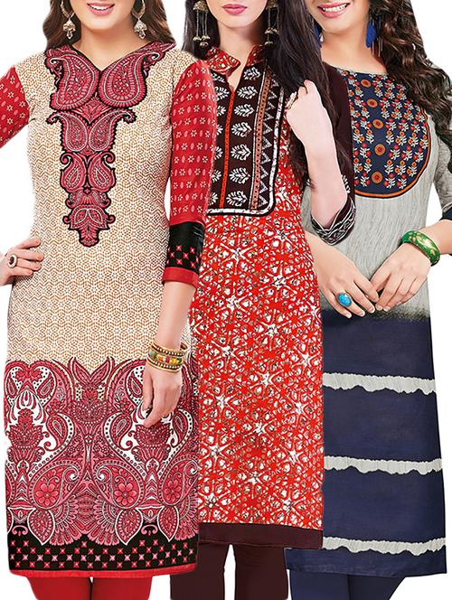 set of 3 multi colored cotton unstitched kurta - 13442194 - Very Small Image - 1