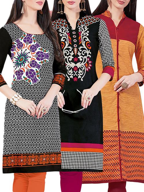 set of 3 multi colored cotton unstitched kurta - 13442198 - Very Small Image - 1