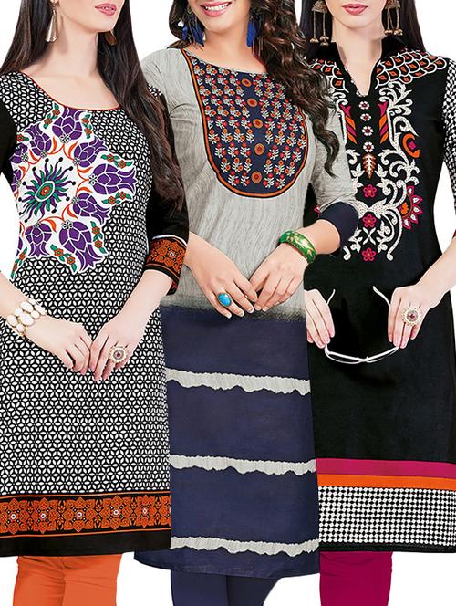 set of 3 multi colored cotton unstitched kurta - 13442206 - Very Small Image - 1