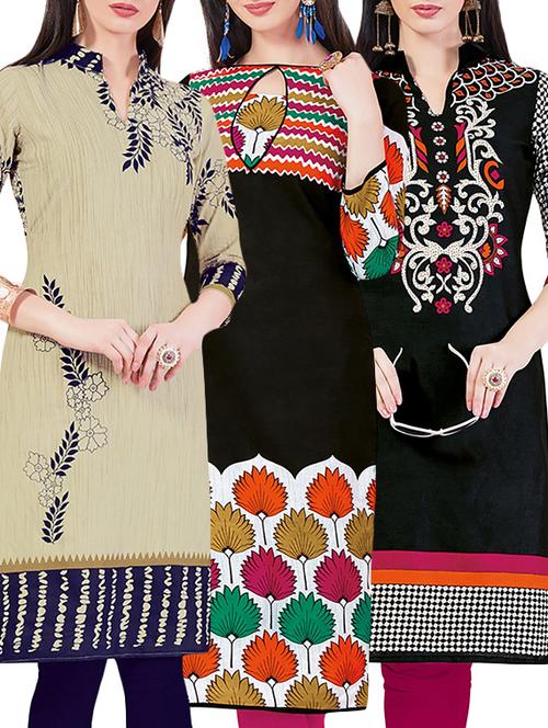 set of 3 multi colored cotton unstitched kurta - 13442211 - Very Small Image - 1