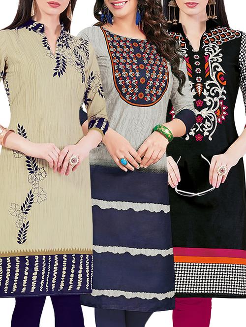 set of 3 multi colored cotton unstitched kurta - 13442216 - Very Small Image - 1