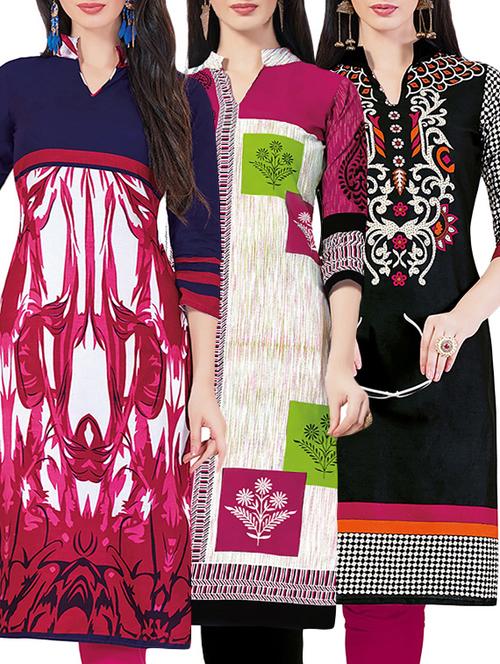 set of 3 multi colored cotton unstitched kurta - 13442218 - Very Small Image - 1