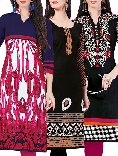 set of 3 multi colored cotton unstitched kurta - 13442219 - Very Small Image - 1