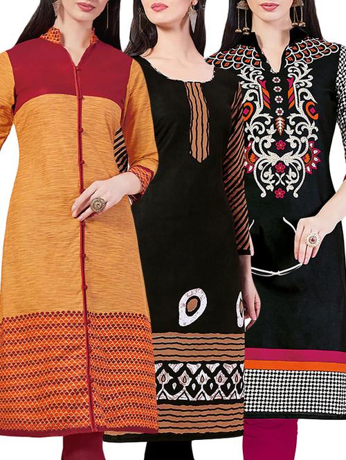 set of 3 multi colored cotton unstitched kurta - 13442227 - Very Small Image - 1