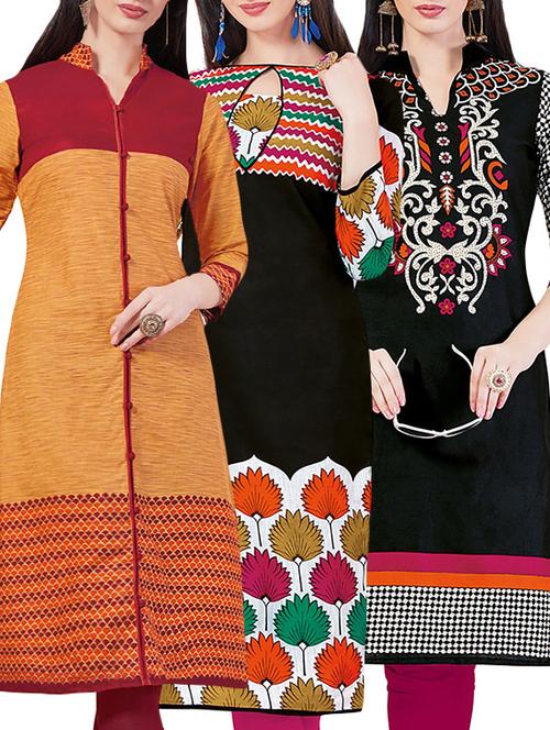 set of 3 multi colored cotton unstitched kurta - 13442228 - Very Small Image - 1