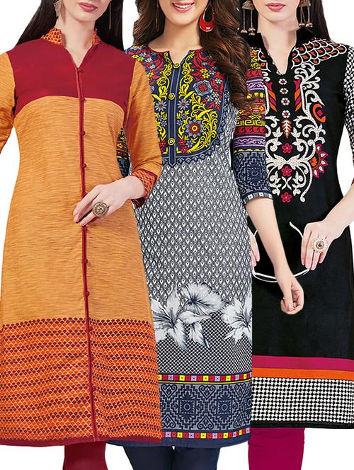 set of 3 multi colored cotton unstitched kurta - 13442229 - Very Small Image - 1