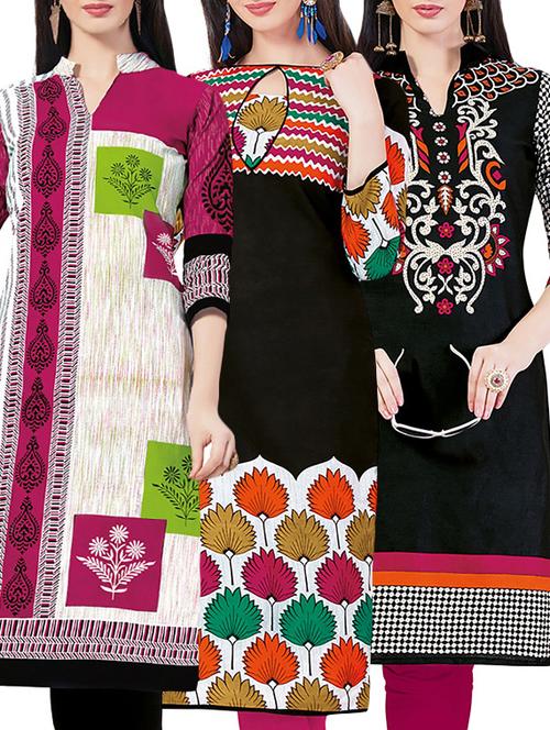 set of 3 multi colored cotton unstitched kurta - 13442235 - Very Small Image - 1