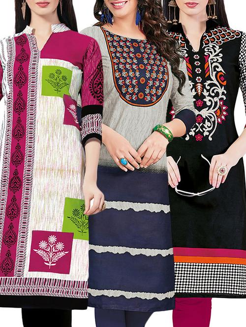 set of 3 multi colored cotton unstitched kurta - 13442240 - Very Small Image - 1
